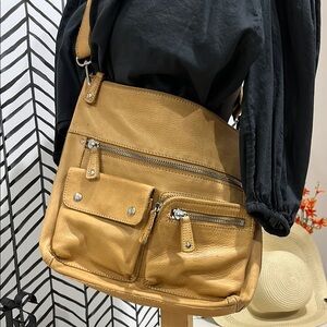Fossil Tan Leather Crossbody Bag with Silver Zippers